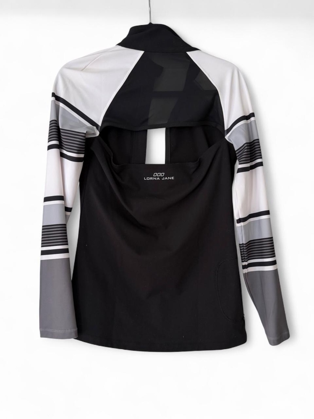 Lorna Jane Black Zip-Front Jacket with Gray & White Striped Sleeves - Picture 3 of 4